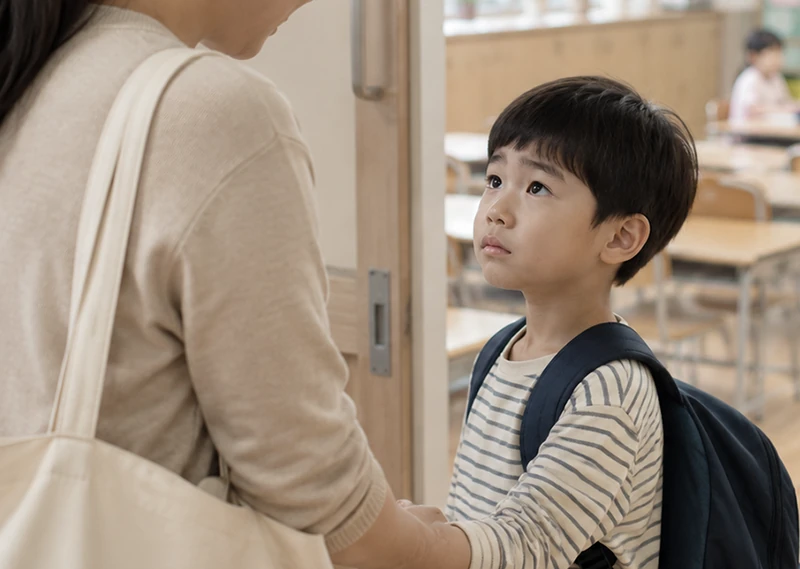 등교를 앞두고 보호자와 함께 있는 아이