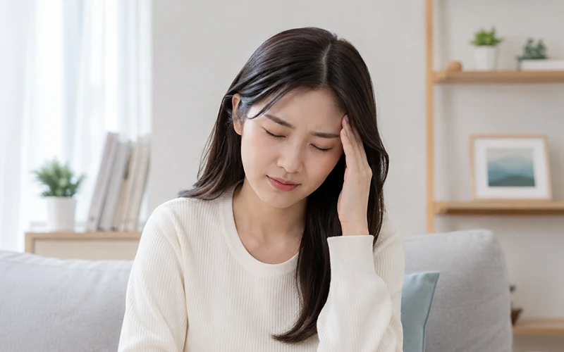 두통으로 관자놀이를 짚고 있는 여성